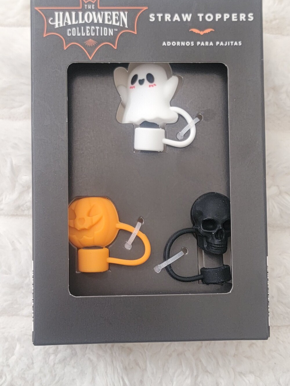 Halloween Tumbler Straw Toppers - Ghost, Pumpkin & Skull (White, Orange, Black)